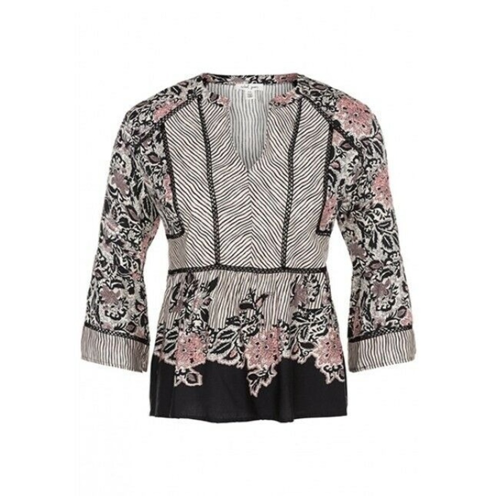 Tribal Jeans Top‎ Women Medium Black White Pink Floral 3/4 Bell Sleeve Peplum